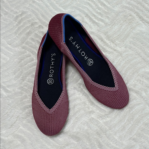 Rothy’s The Round Toe Flats Berry Red Knit Blue Trim Size 7.5 EUC Washable - Picture 3 of 9